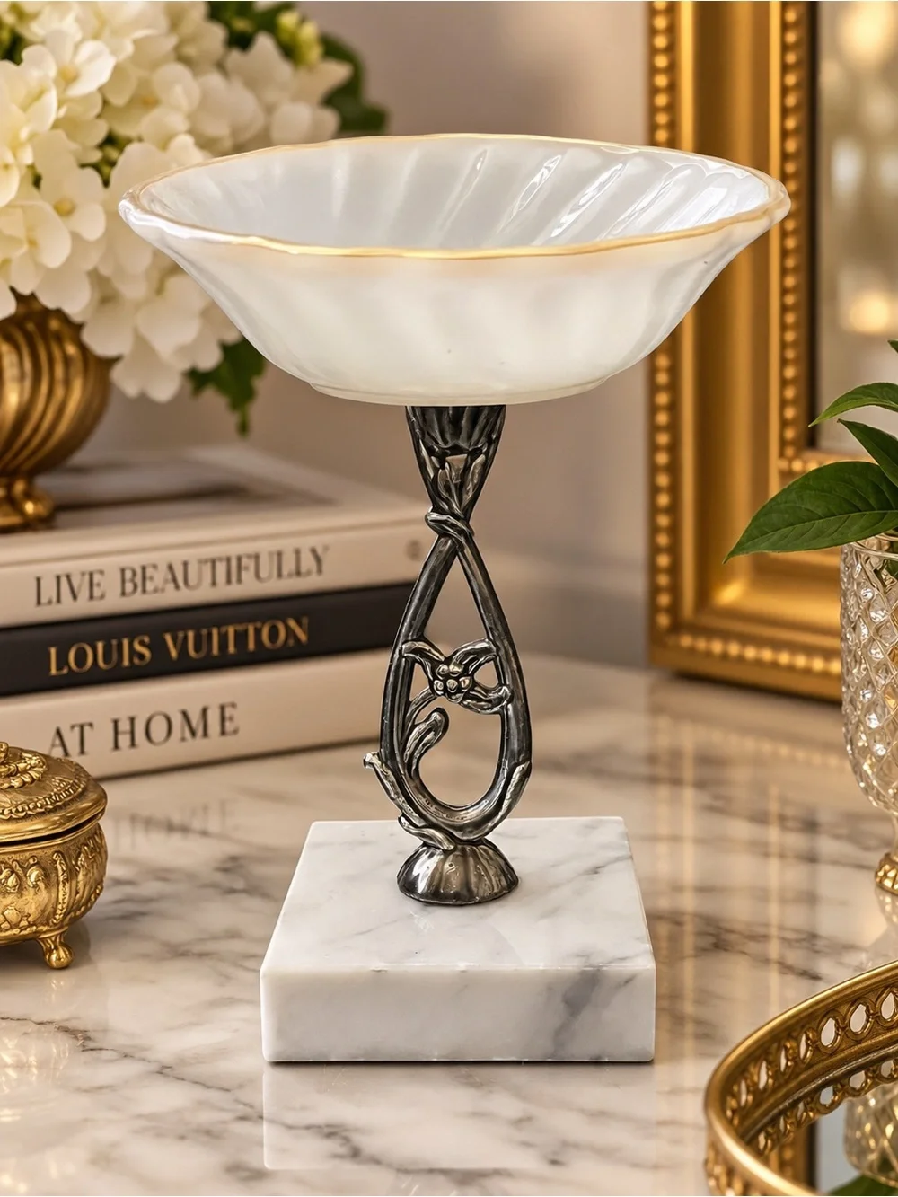 Vintage Italian Milk Glass Compote Marble Base Hollywood Regency